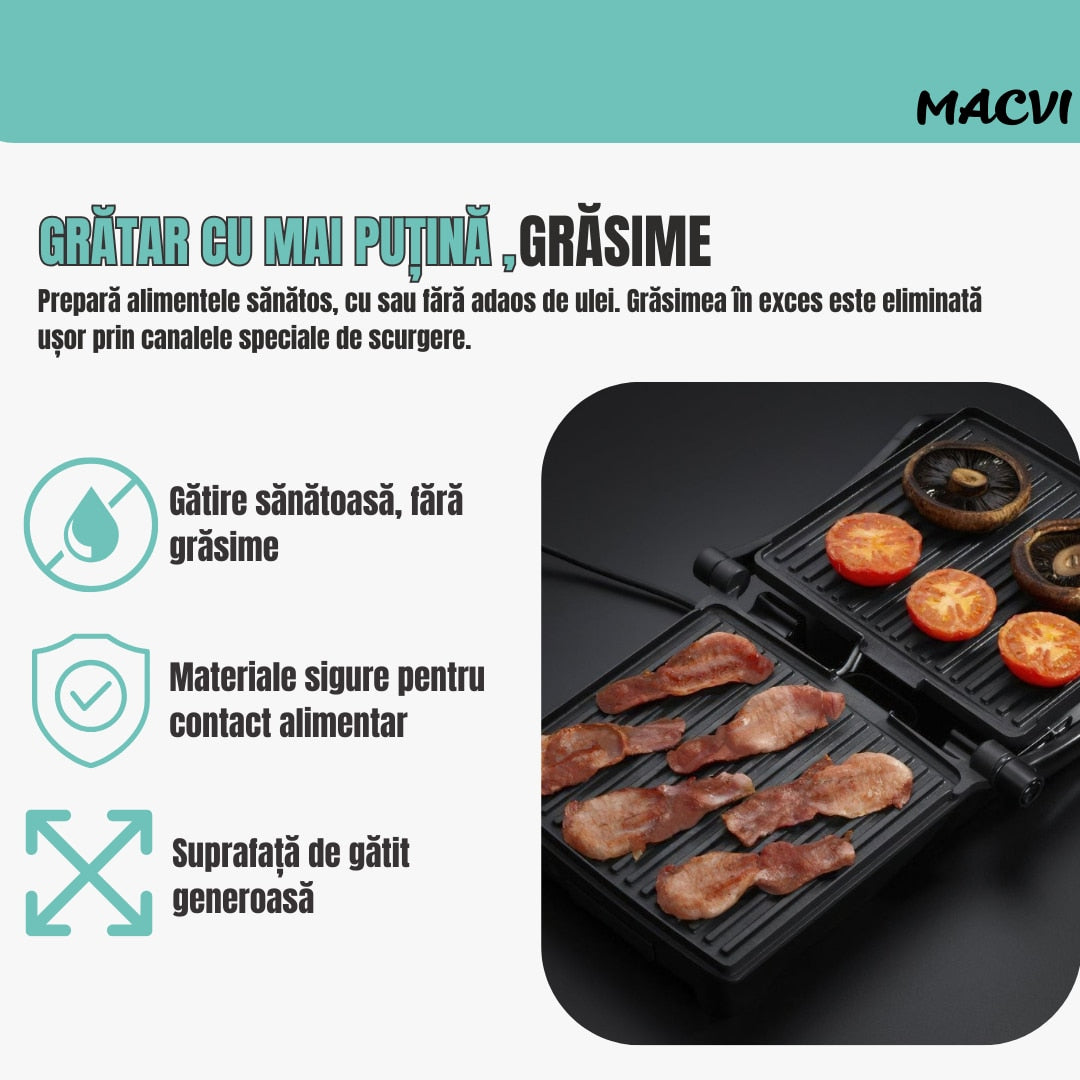 Sandwich-maker 3in1 Macvi®, grill/presa panini, 1800W, Negru/Argintiu