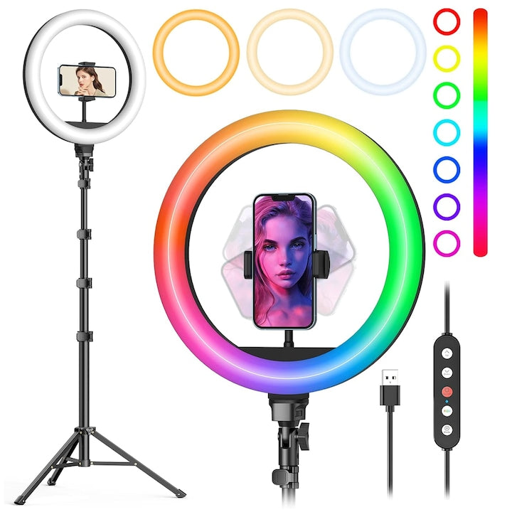 Lampa Circulara Ring Light Teno®, Diametru 30.5cm/12 Inch, moduri RGB, 10 trepte reglaj, trepied 210 cm, suport triplu telefon, compatibilitate universala, multicolor