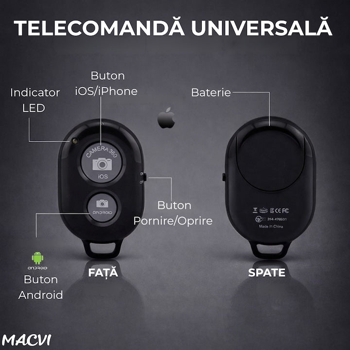 Telecomanda selfie Control fara fir Macvi® compatibilitate cu smartphone-uri iOS si Android, conectivitate Bluetooth 4.0, dimensiuni 5 cm x 2 cm x 1 cm