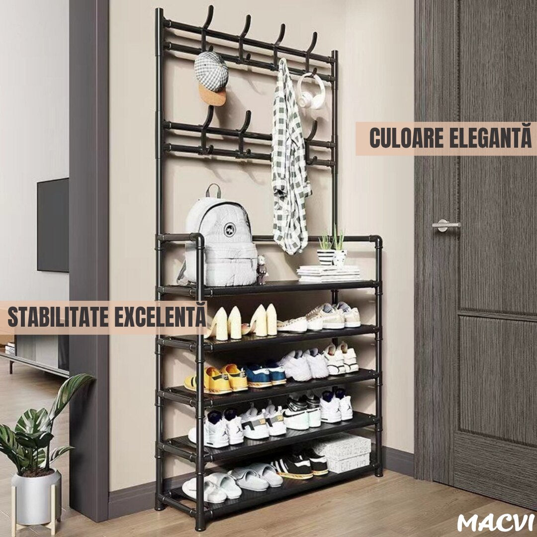 Cuier multifunctional Macvi® pentru haine si incaltaminte, 171x80x26.5 cm, material durabil, design ergonomic si modern, negru