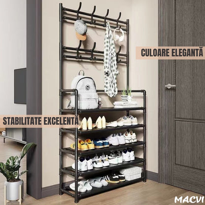 Cuier multifunctional Macvi® pentru haine si incaltaminte, 171x80x26.5 cm, material durabil, design ergonomic si modern, negru