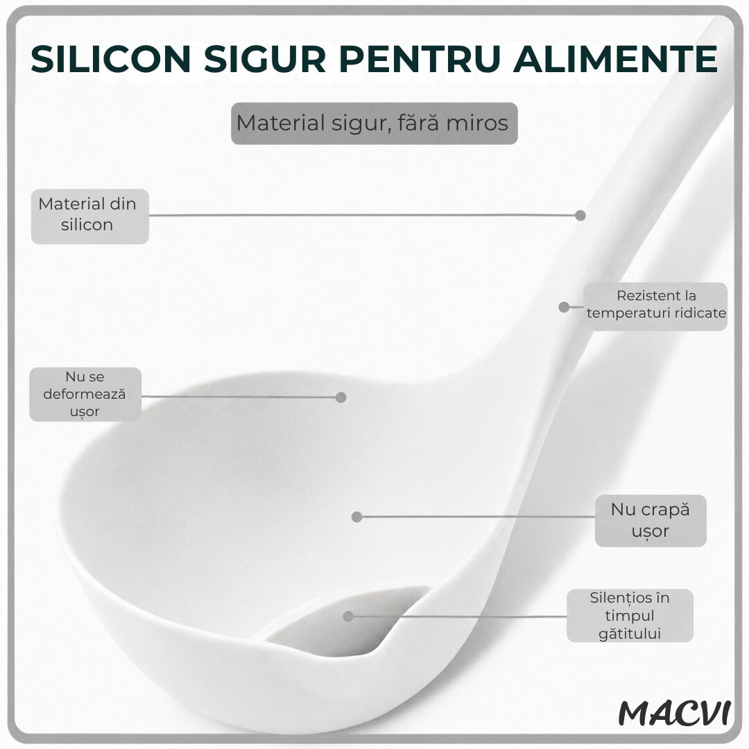 Polonic separator de grasime Macvi®, silicon alimentar, rezistent la caldura, alb