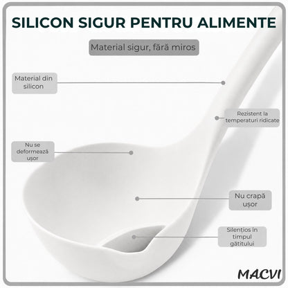 Polonic separator de grasime Macvi®, silicon alimentar, rezistent la caldura, alb