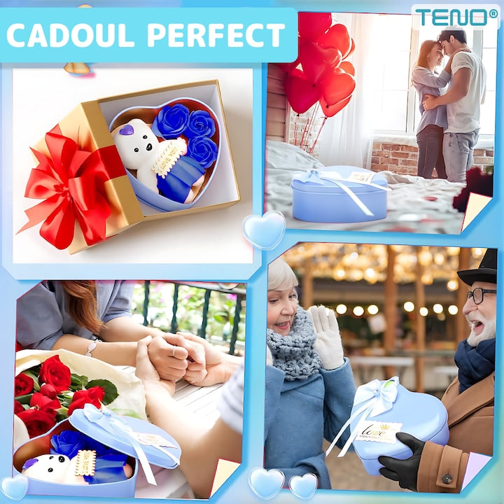 Ursulet cu Trandafiri din Sapun Parfumati Teno®, cutie in forma de inimioara, mesaj pe tablita din lemn ”I LOVE YOU”, 3 trandafiri, fustita si cristal, albastru