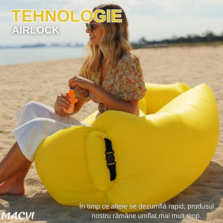 Saltea gonflabila tip sezlong Lazybag Macvi®, material rezistent, umflare fara pompa, pentru plaja/picnic/camping, rucsac de depozitare, 190 x 70 cm, Galben