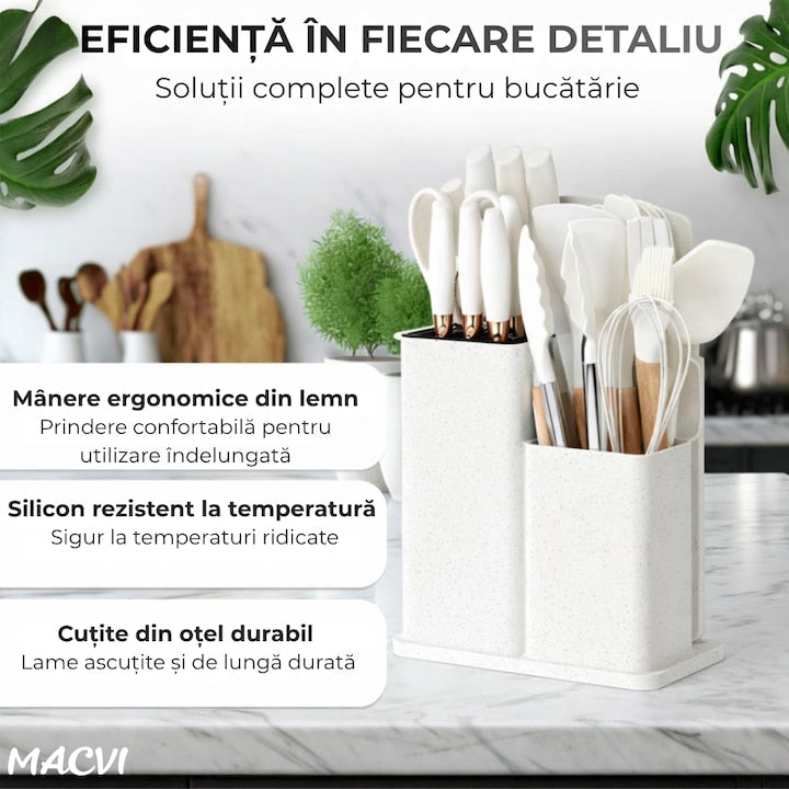 Set Ustensile Bucatarie Macvi® 19 Piese Silicon Termorezistent si Bambus, Cutite Inox, Suport Organizator Compact, Design Alb Elegant