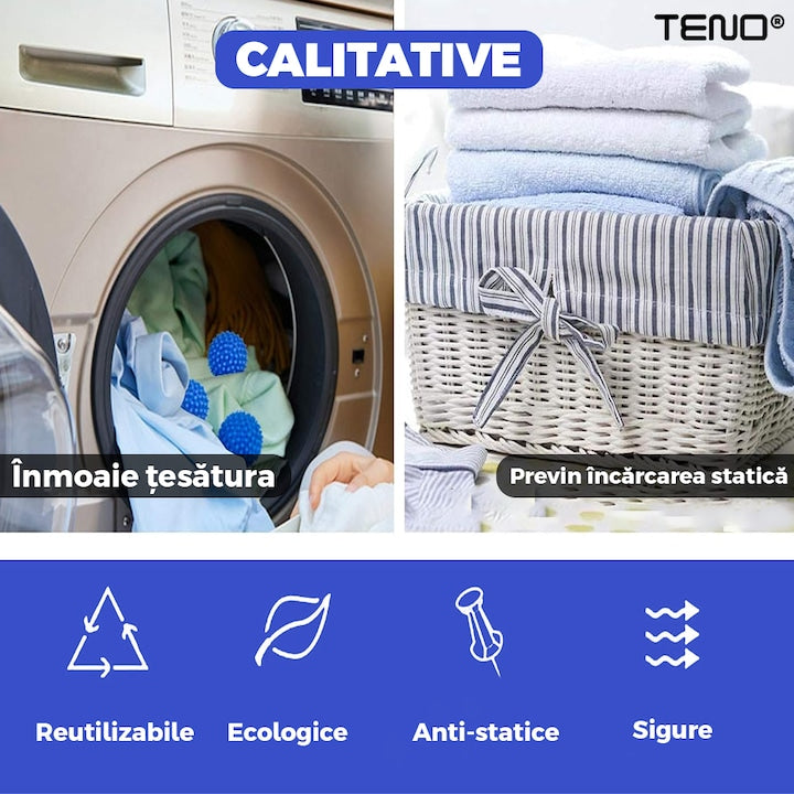 Set 2 Bile pentru Masina de Spalat si Uscator Teno®, reduc timpul de uscare al hainelor, ajuta impotriva sifonarii si incurcarii hainelor, previn incarcarea statica, compacte, reutilizabile, albastru