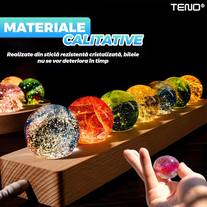 Lampa de Veghe Teno®, 7 bile de cristal, ambientala, lumini LED, suport de lemn, lumina cu protectie pentru ochi, multicolor