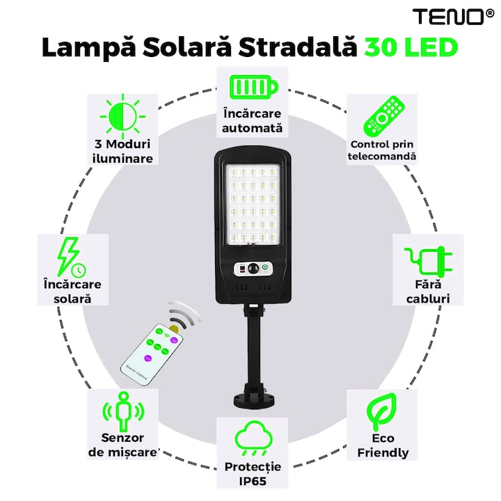 Lampa Solara Stradala 30 LED-uri Teno®, control prin telecomanda, senzor de miscare, 3 moduri de iluminare, protectie IP65, Waterproof, exterior, negru