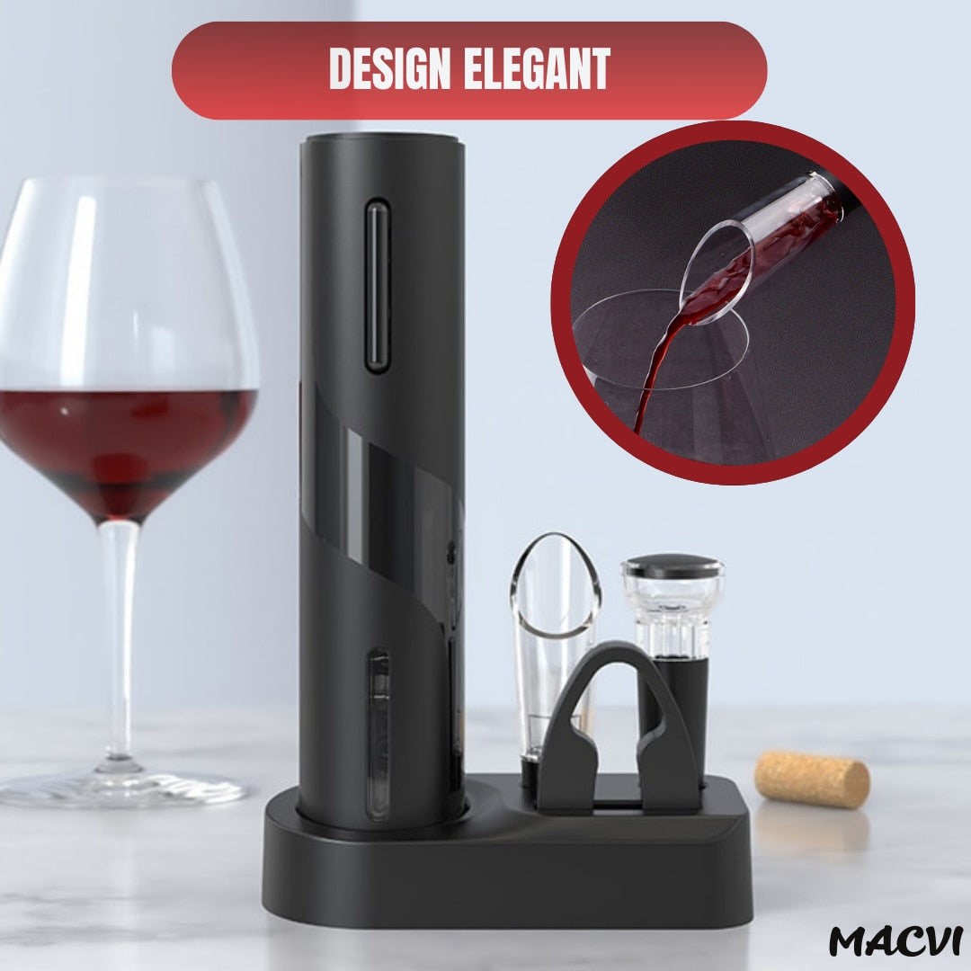 Set Electric Macvi® Deschizator de Vin 5-in-1, Cu baterii, Foil Cutter, Aerator, Dop Vacuum, Negru, Design Elegant si Portabil