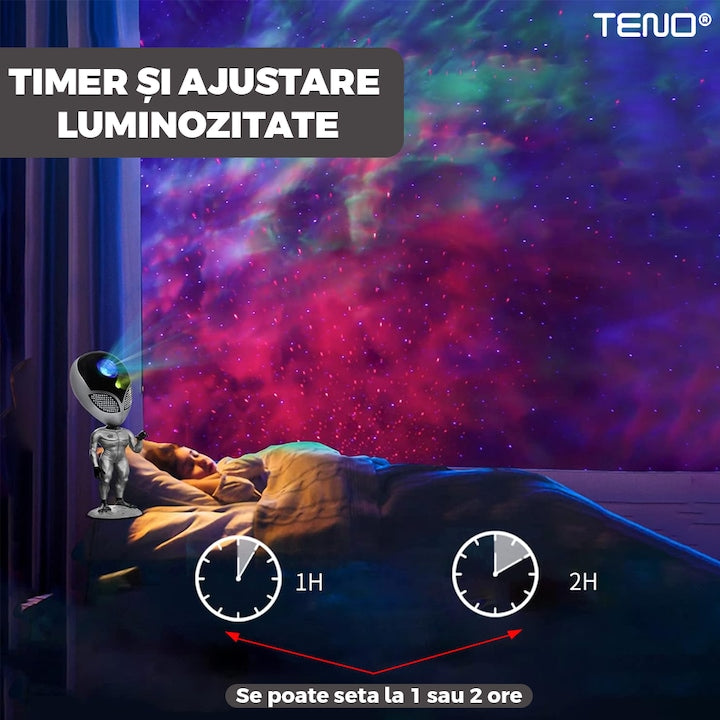 Proiector de Lumini Teno®, tip extraterestru, cu telecomanda si timer pentru durata de iluminare, 8 moduri de proiectie, rotire 360 de grade, ajustare luminozitate, gri
