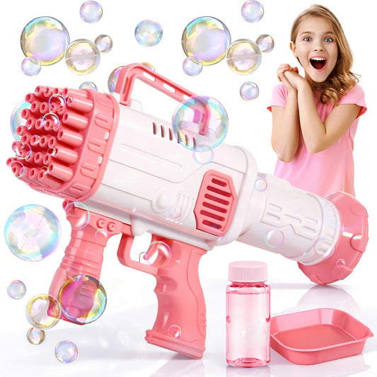 Pistol Baloane Sapun 32 Duze Macvi® tip Bubble Gun cu baterii(neincluse), Ventilator, Roz
