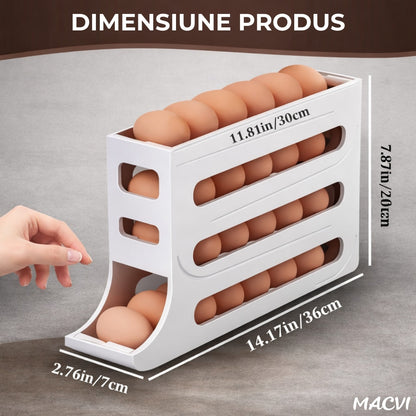 Suport organizator pentru oua Macvi®, 4 niveluri, rulare automata, 30 oua, 36x7x20 cm, alb, economisire inteligenta de spatiu in frigider