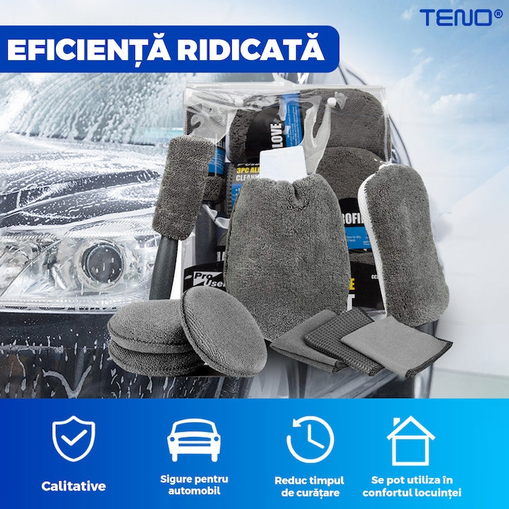 Kit pentru Curatare si Detailing Auto Teno®, interior/exterior, pamatuf, manusa, burete dublu, 3 lavete, 3 piese pentru lustruire, microfibra, gri