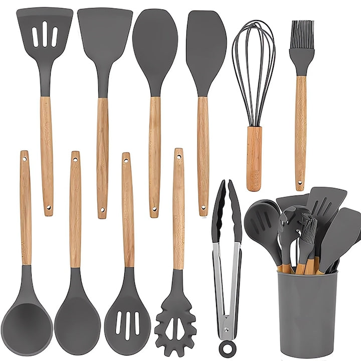 Set Ustensile Bucatarie 12 Piese Silicon Alimentar Teno®, termorezistente, antiaderente, sigure, suport inclus, gri