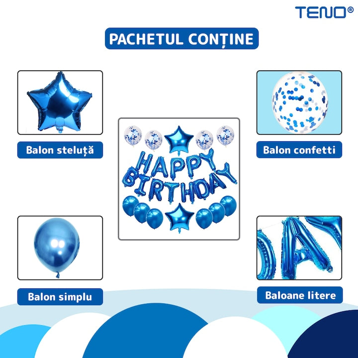 Set 25 Baloane Teno®, Litere, pentru Petreceri/Aniversari/Evenimente, confetti, stelute, model HAPPY BIRTHDAY, albastru