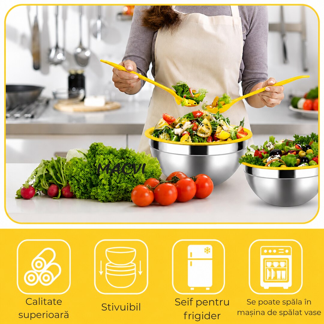 Castron MACVI cu capac, inox, 20 cm, antiderapant, galben