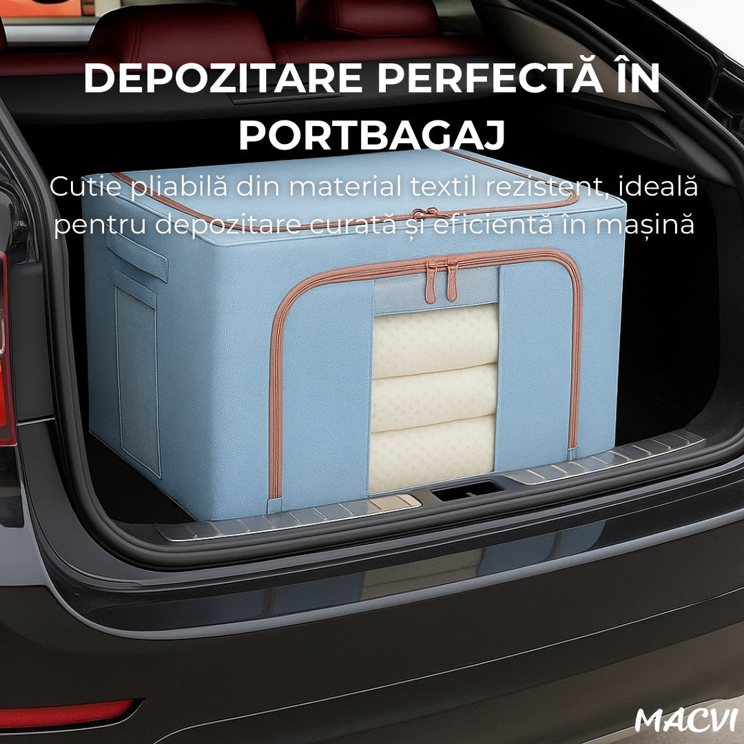 Organizator depozitare Macvi® 100 litri, cutie textila pliabila cu capac si fermoar, panou transparent pentru vizualizare si cadru metalic robust, ideala pentru haine voluminoase si depozitare