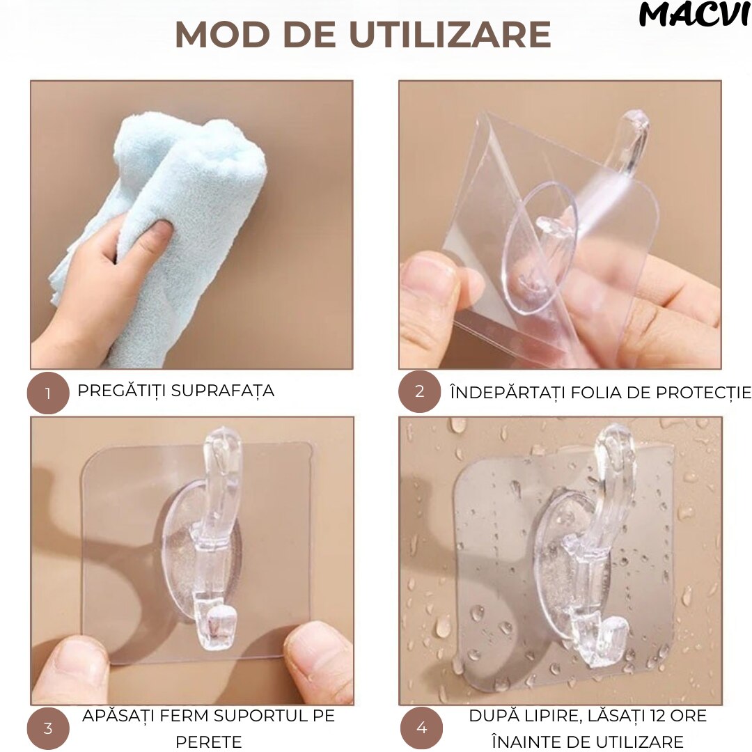 Suport pentru Perete Macvi®,  6 Carlige  Adeziv Transparent, Plastic