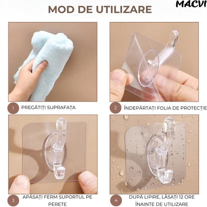 Suport pentru Perete Macvi®,  6 Carlige  Adeziv Transparent, Plastic