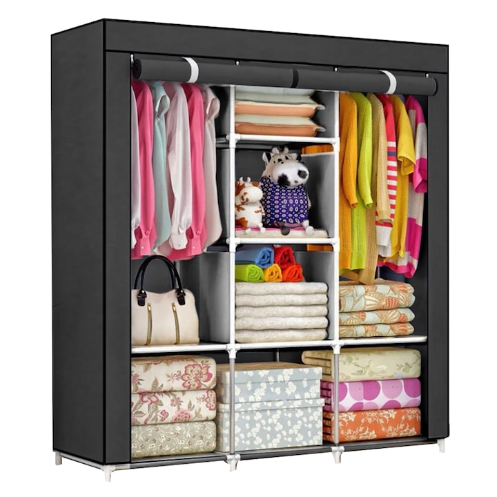 Dulap din Material Textil pentru Haine si Incaltaminte Teno®, impermeabil, 8 rafturi, inchidere fermoar, suport umerase, cadru otel, 170 cm, negru