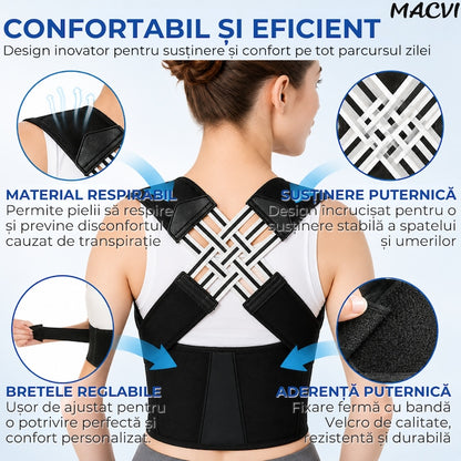Corector Postura Macvi® 2 in 1 pentru Spate si Coloana, Centura Reglabila cu Bretele, Sustinere Lombara si Umeri, Reduce Disconfortul la Gat si Spate, Material Respirabil, Unisex, Negru, Marimea L