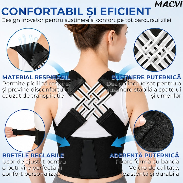 Corector Postura Macvi® 2 in 1 pentru Spate si Coloana, Centura Reglabila cu Bretele, Sustinere Lombara si Umeri, Reduce Disconfortul la Gat si Spate, Material Respirabil, Unisex, Negru, Marimea XL