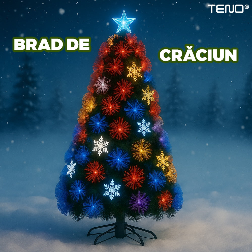 Brad Artificial de Craciun Teno, luminite multicolore fibra optica, verde, 150 cm