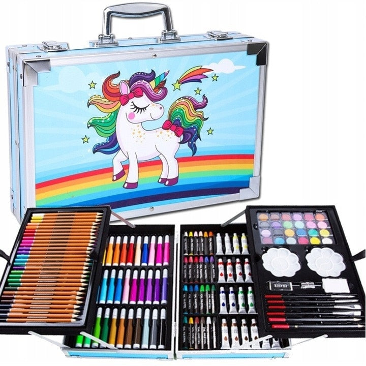 Set pentru pictura si desen MACVI, 145 piese, cutie metalica albastra, pentru copii, 38x26x4cm