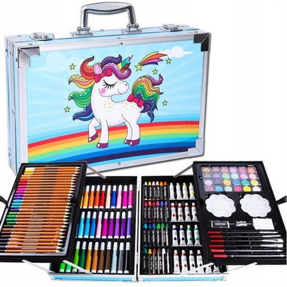Set pentru pictura si desen MACVI, 145 piese, cutie metalica albastra, pentru copii, 38x26x4cm