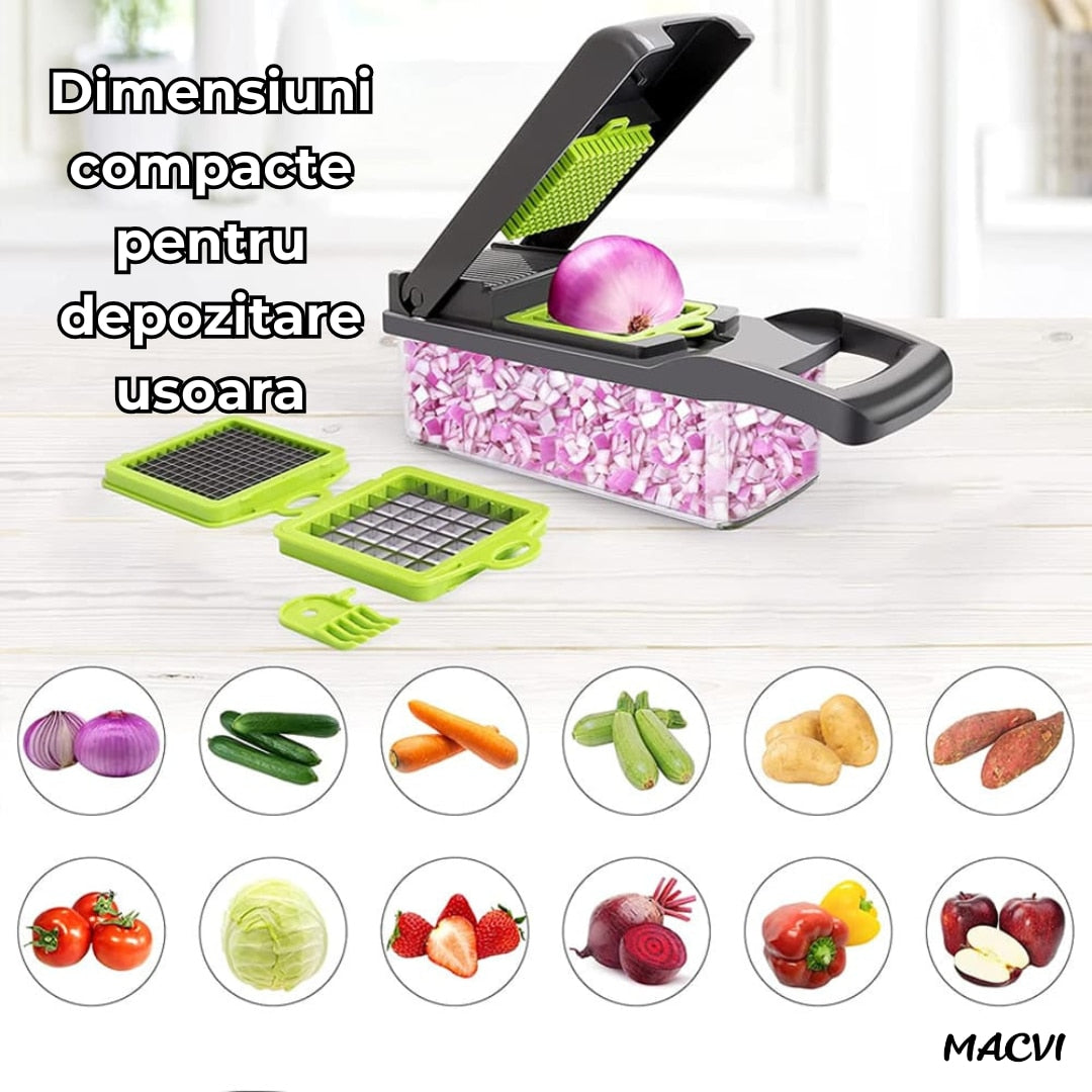 Razatoare Multifunctionala 15 in 1 Macvi®, 20 Piese, 13 Tipuri de Feliere, Ideala pentru Fructe, Legume si Branzeturi, Otel Inoxidabil, Verde/Gri