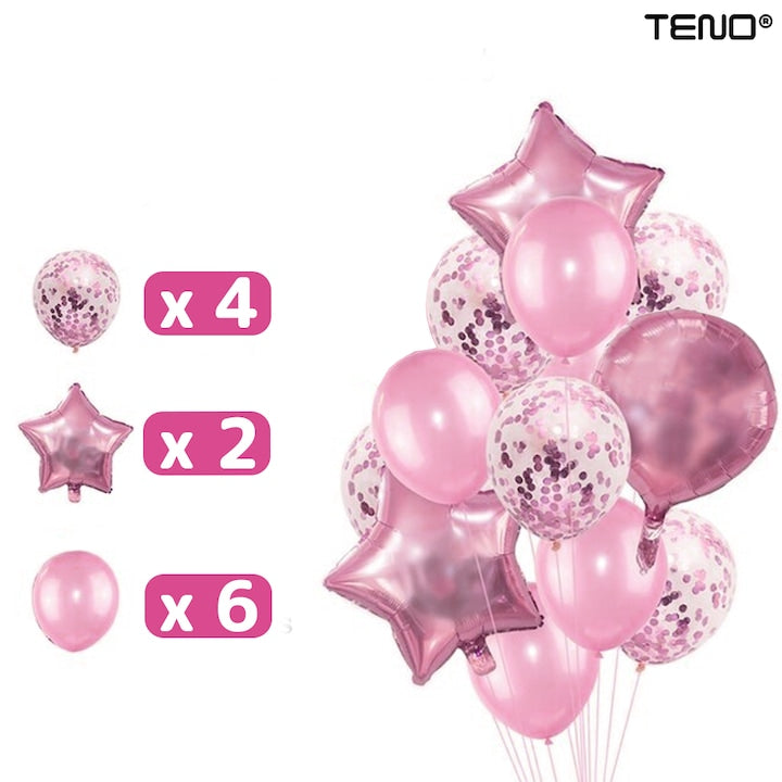 Set 25 Baloane Teno®, Litere, pentru Petreceri/Aniversari/Evenimente, confetti, stelute, model HAPPY BIRTHDAY, rose