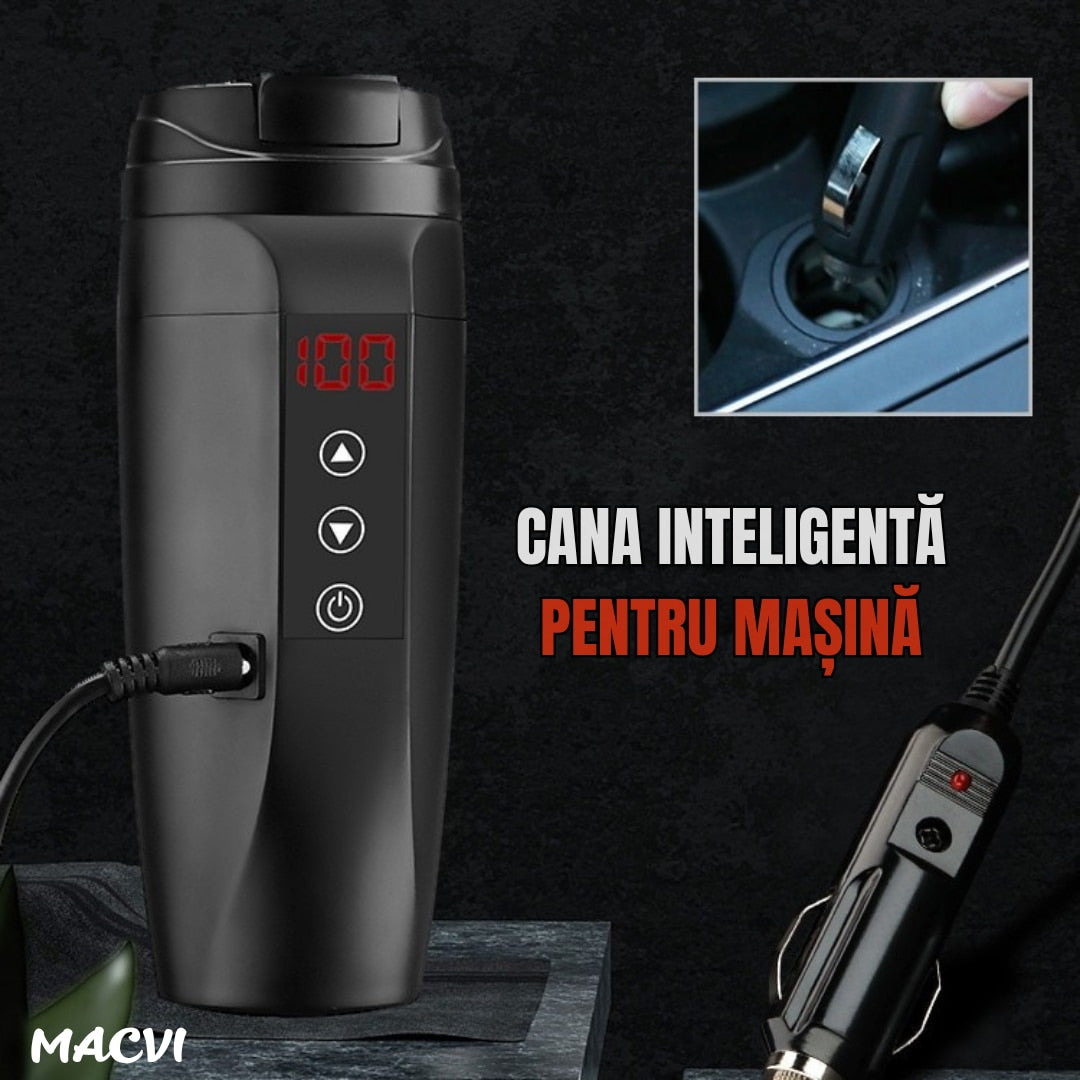 Cana inteligenta tip termos Macvi®, afisaj temperatura, inox premium, etansa, incarcare auto 12V/24V, 0.45L, negru