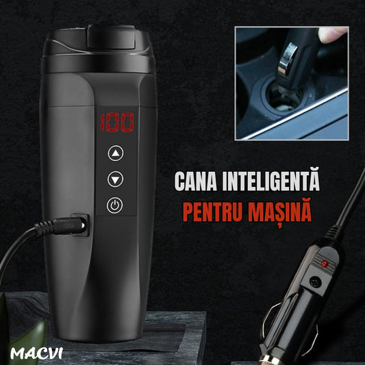 Cana inteligenta tip termos Macvi®, afisaj temperatura, inox premium, etansa, incarcare auto 12V/24V, 0.45L, negru