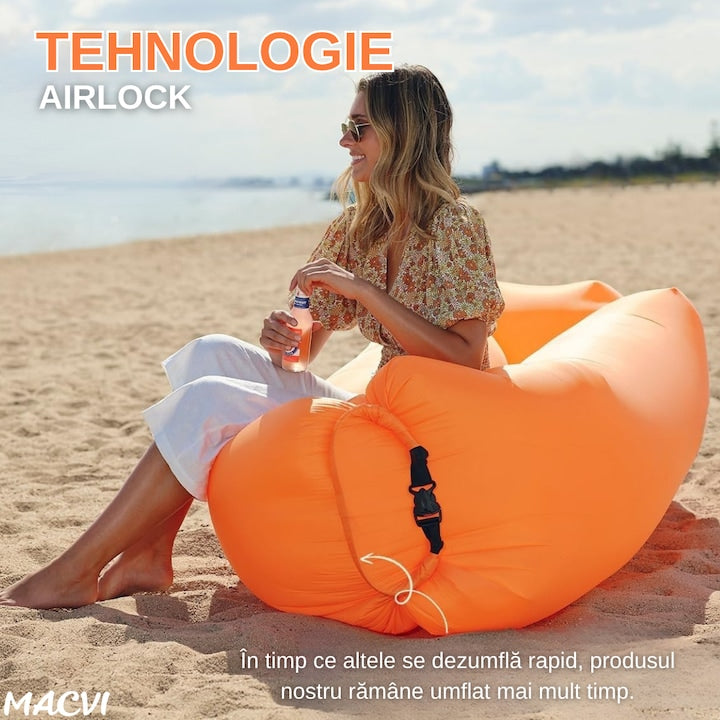 Saltea gonflabila tip sezlong Lazybag Macvi®, material rezistent, umflare fara pompa, pentru plaja/picnic/camping, rucsac de depozitare, 190 x 70 cm,Portocaliu
