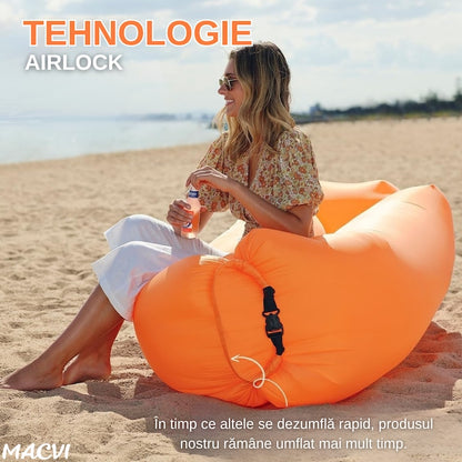 Saltea gonflabila tip sezlong Lazybag Macvi®, material rezistent, umflare fara pompa, pentru plaja/picnic/camping, rucsac de depozitare, 190 x 70 cm,Portocaliu