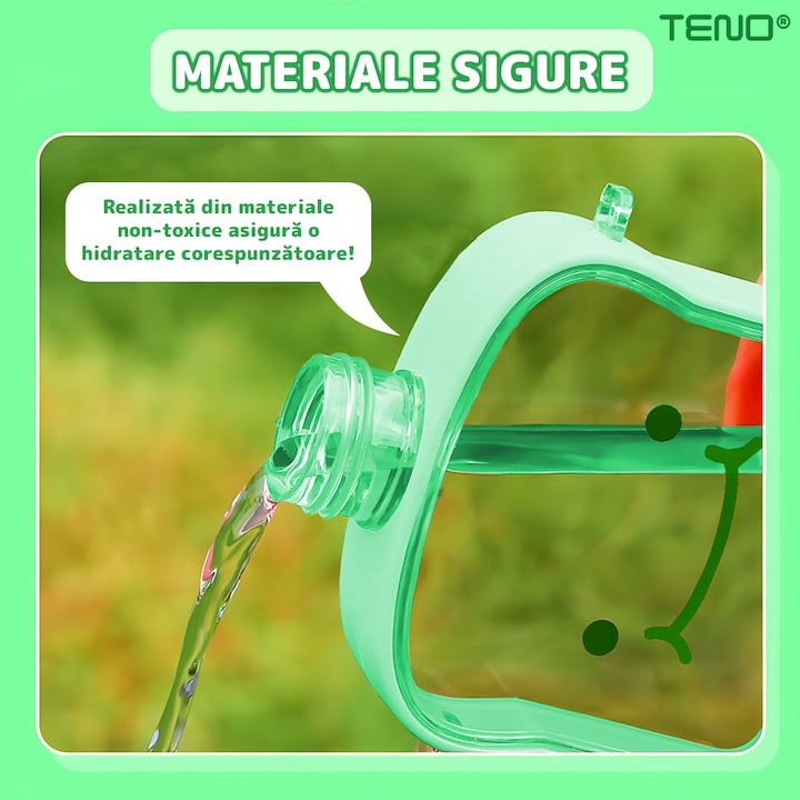 Sticla de Apa pentru Copii Teno®, forma de toast, fara BPA, anti-scurgere, usor de curatat, curea reglabila inclusa, pentru copii, 380 ml, verde