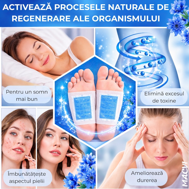Set 10 Plasturi Plasturi Detox KINOKI Macvi® pentru Picioare cu floare albastra, Detoxifiere Naturala, Eliminare Toxine, Reducere Miros Neplacut, Imbunatatire Somn, Relaxare si Revitalizare