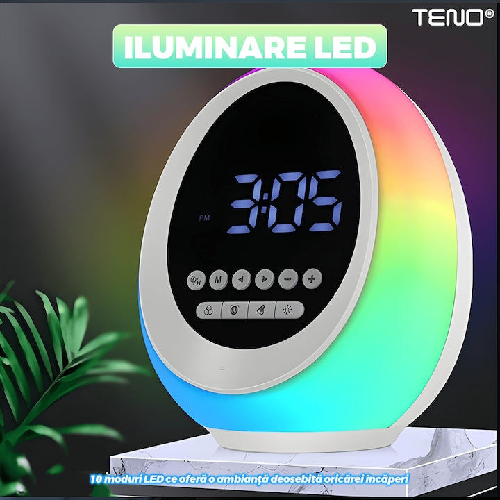 Ceas Desteptator Multifunctional Teno®, Bluetooth, functie de alarma, functie de radio, lumini RGB, autonomie ridicata, oval