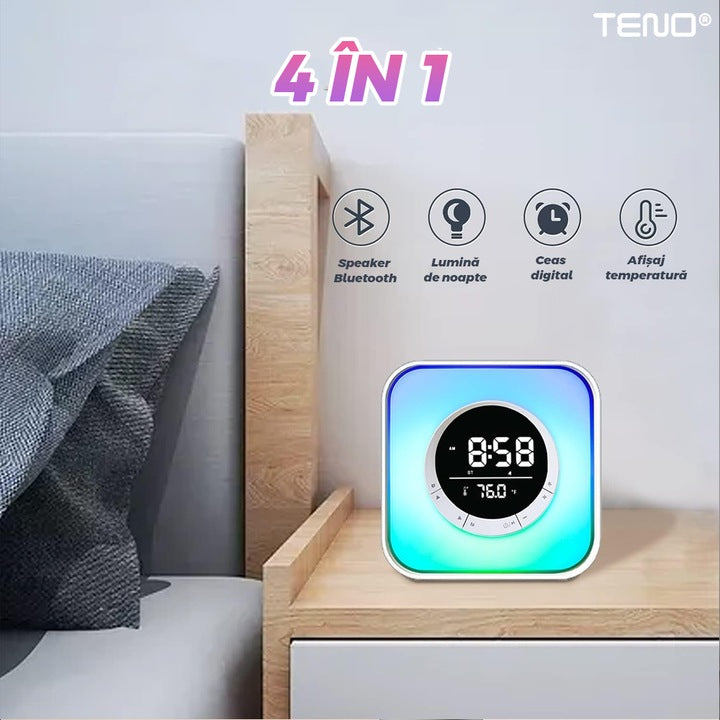 Ceas Desteptator Multifunctional Teno®, Bluetooth, functie de alarma, functie de radio, afisaj temperatura, lumini RGB, autonomie ridicata, patrat