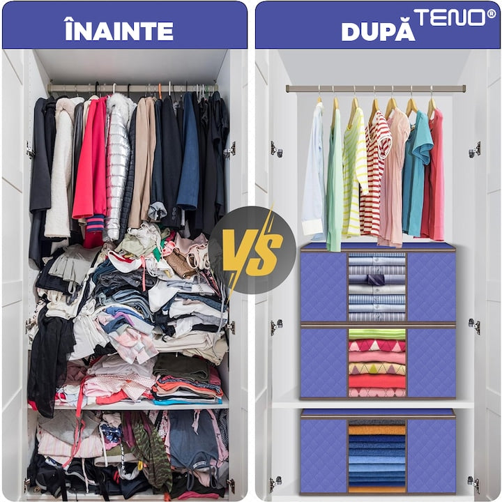 Cutie Depozitare si Organizare Teno®, pliabila, maner ranforsat si fereastra transparenta, pentru haine/paturi/ plapumi/ perne/ lenjerii de pat/jucarii, 84 L, 60x 40x 35 cm, albastru