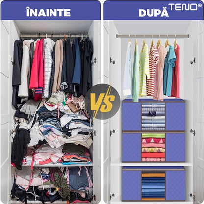 Cutie Depozitare si Organizare Teno®, pliabila, maner ranforsat si fereastra transparenta, pentru haine/paturi/ plapumi/ perne/ lenjerii de pat/jucarii, 84 L, 60x 40x 35 cm, albastru