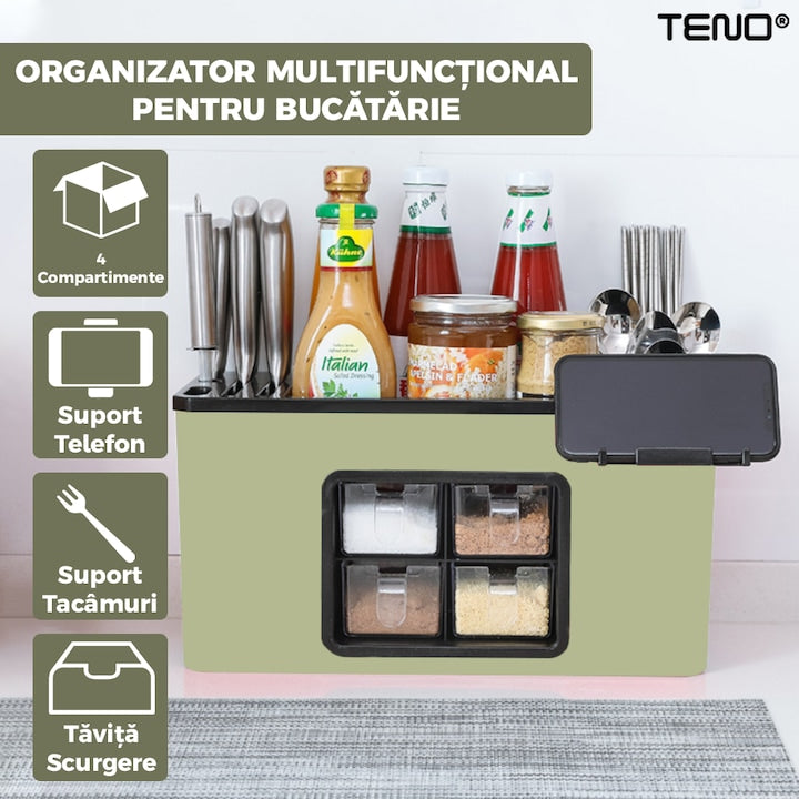 Organizator Multifunctional pentru Bucatarie Teno®, 4 Compartimente, raft condimente, suport detasabil telefon, tavita de scurgere, suport tacamuri/ustensile, verde deschis