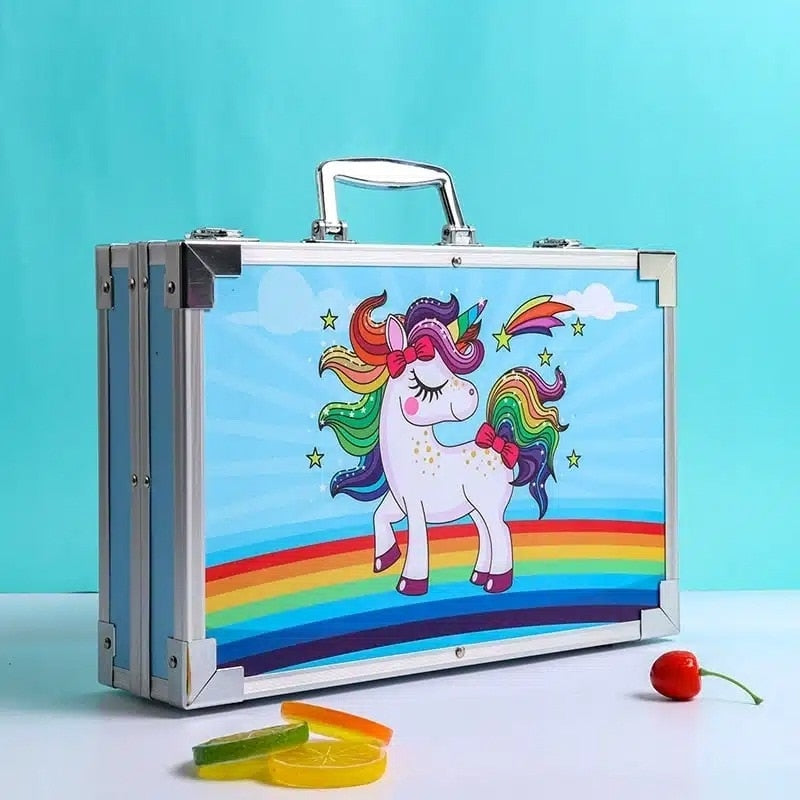 Set pentru pictura si desen MACVI, 145 piese, cutie metalica albastra, pentru copii, 38x26x4cm