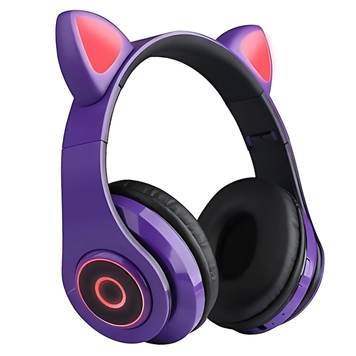 Casti Wireless Model Pisica Teno®, B39, overear, urechi de pisica cu iluminare RGB, bluetooth 5.0, handsfree, HiFi, bass stereo, mov/negru