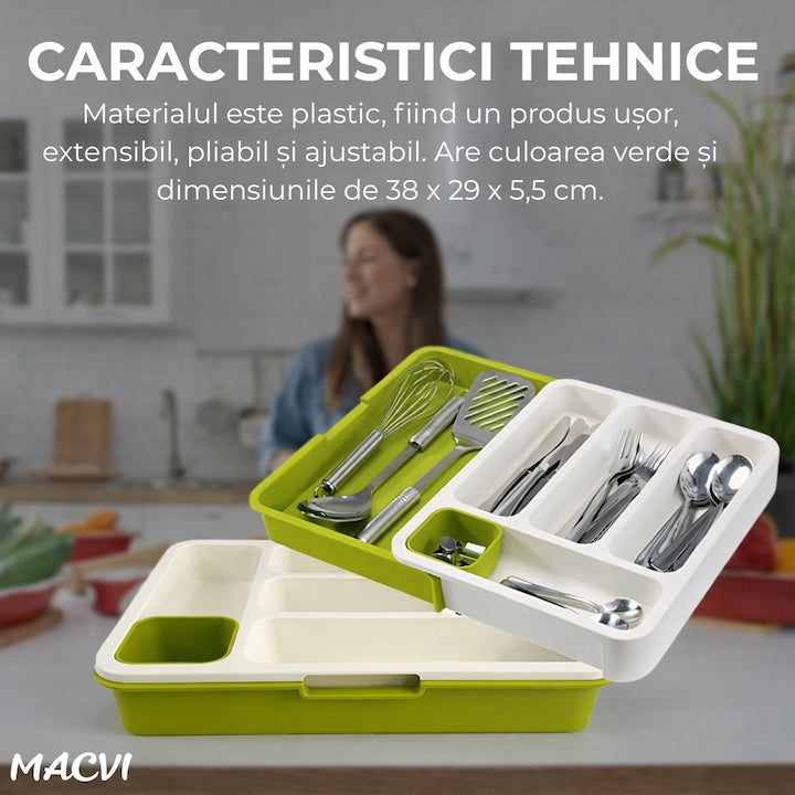 Suport modular extensibil Macvi® pentru tacamuri, 29-48 cm, ABS, alb-verde, organizator sertare