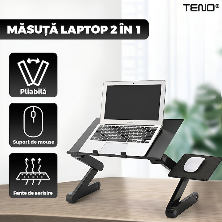 Masuta pentru Laptop 2 in 1 Teno®, reglabila pe inaltime, fante de aerisire, suport reglabl pentru mouse, multifunctionala, versatila, 42 x 26 cm, negru