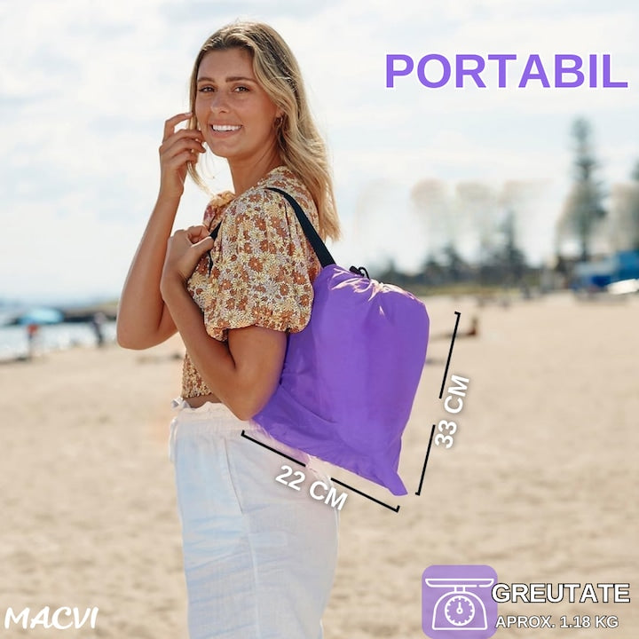 Saltea gonflabila tip sezlong Lazybag Macvi®, material rezistent, umflare fara pompa, pentru plaja/picnic/camping, rucsac de depozitare, 190 x 70 cm,,Mov