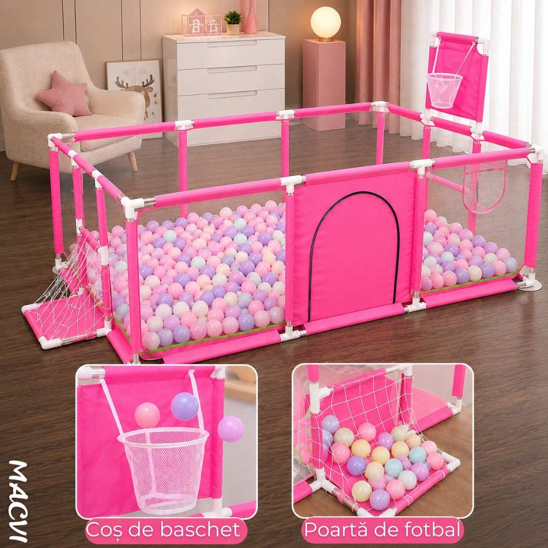 Tarc pentru copii Macvi® 100 bile incluse, gard de siguranta, 6 luni - 6 ani, 190x129x66 cm, usor de montat, otel inoxidabil, Roz