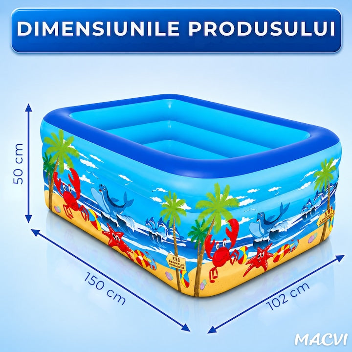 Piscina gonflabila Macvi® 150 x 102 x 50 cm, 3 inele, PVC rezistent, capacitate 84 L, pentru copii si adulti, model tropical, albastru